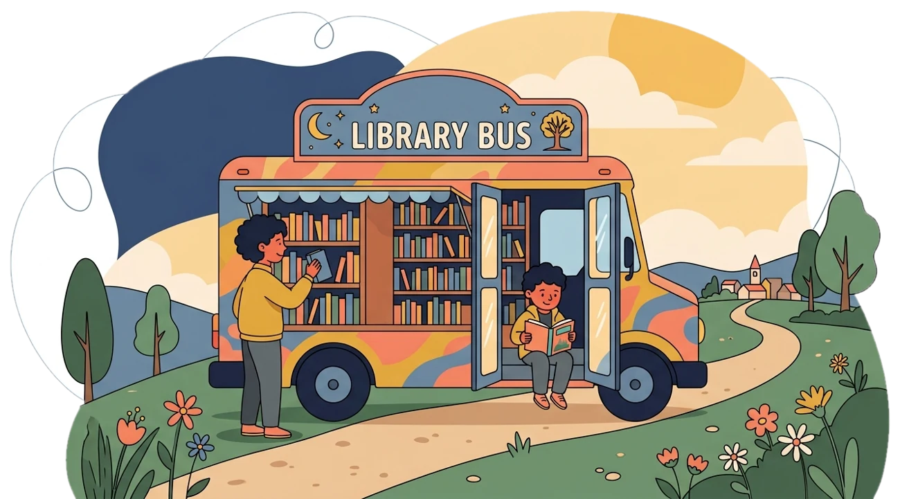 Illustration of a colourful library bus with a person browsing the shelves and a child reading in the doorway