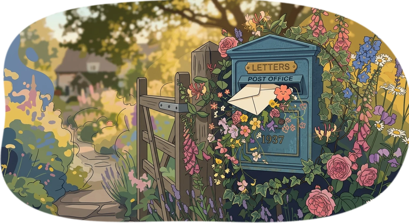 Illustration of a blue post box overflowing with flowers and a letter, beside a wooden garden gate