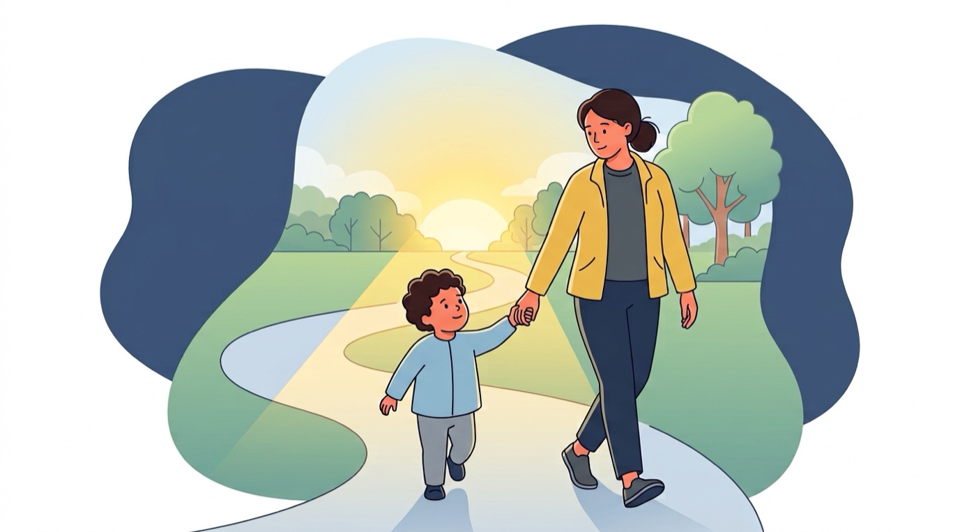 A parent and child walking hand in hand along a winding path towards the sunrise