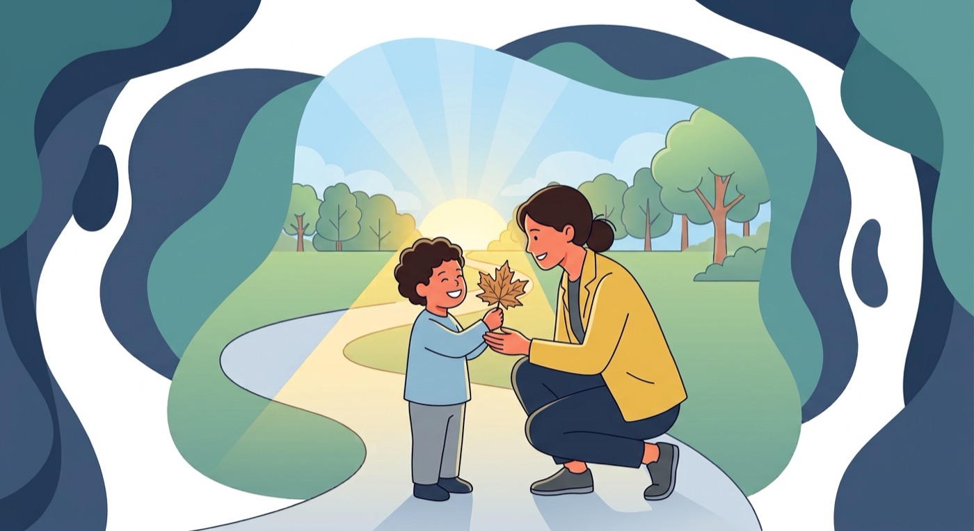 A parent kneeling to share a leaf with a smiling child on the path