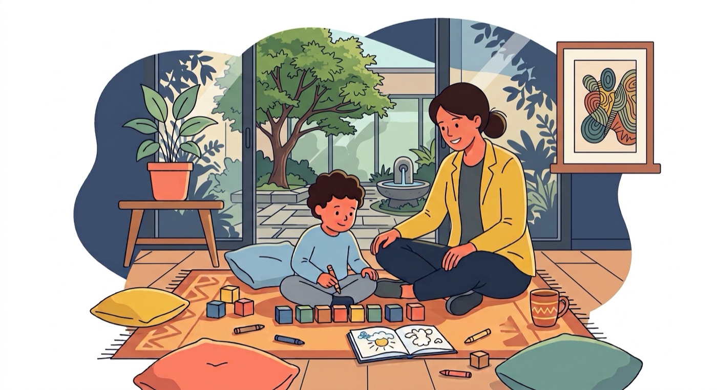 A parent and child playing with blocks and crayons in a calm, light-filled room