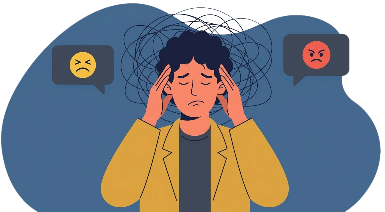 Illustration of an adult feeling overwhelmed, with thoughts swirling around their head