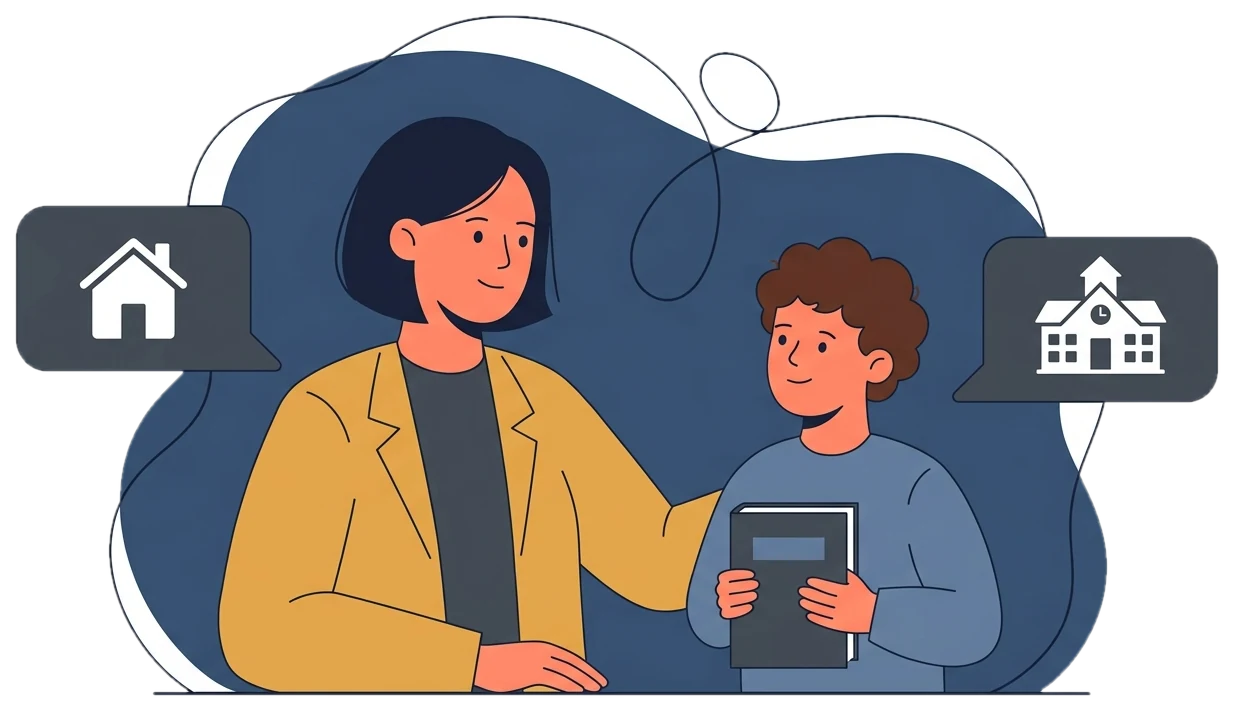 Illustration of a parent and child talking, with a home and a school either side