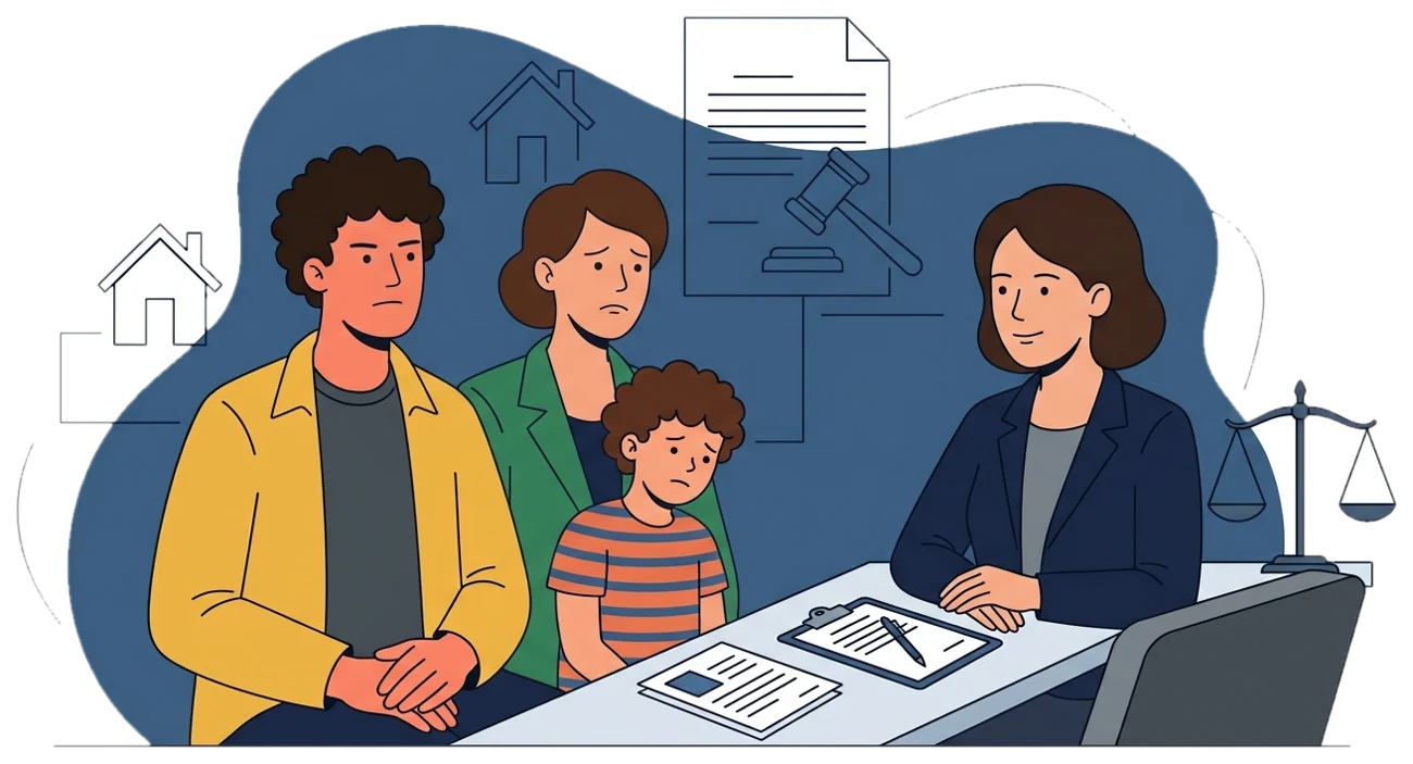 Illustration of a family meeting a psychologist, with legal documents, a gavel and scales of justice