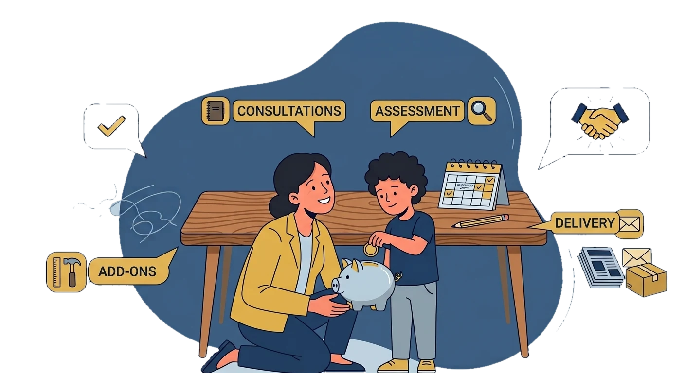 Illustration of a psychologist and a child putting a coin in a piggy bank, with labels for consultations, assessment, add-ons and delivery