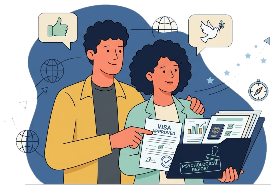 Illustration of a couple holding a folder of visa documents and a psychological report