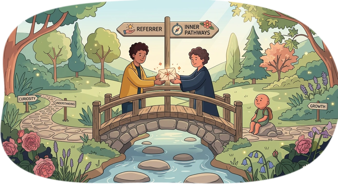 Illustration of a referrer handing a letter across a wooden bridge to Inner Pathways, beneath a signpost, with a child waiting on the path