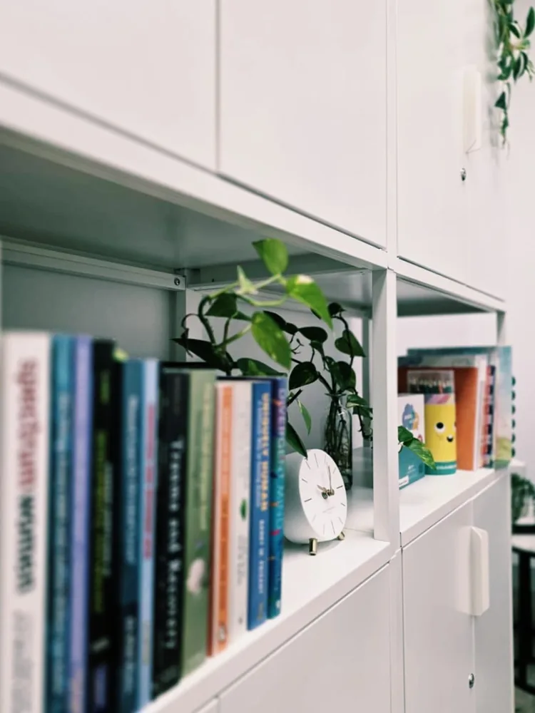 White shelving with books, a trailing plant, a small clock and children's art supplies